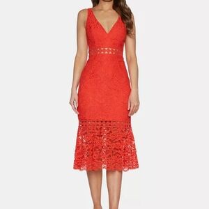 BARDOT Red Lace Trumpet Midi Dress